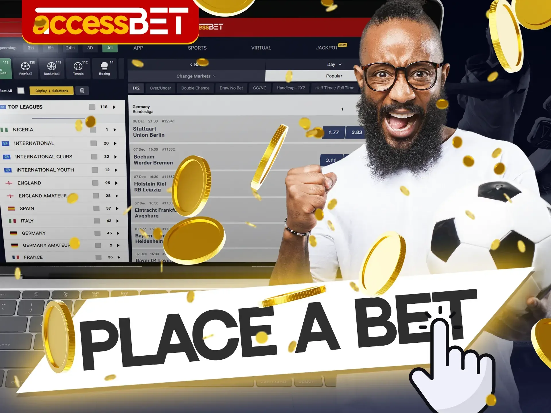 To place live bets at Accessbet, register and deposit your balance.