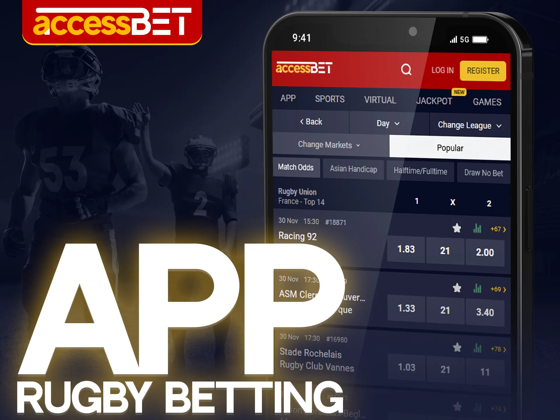 If you like to bet on rugby from your phone, install the Accessbet app.