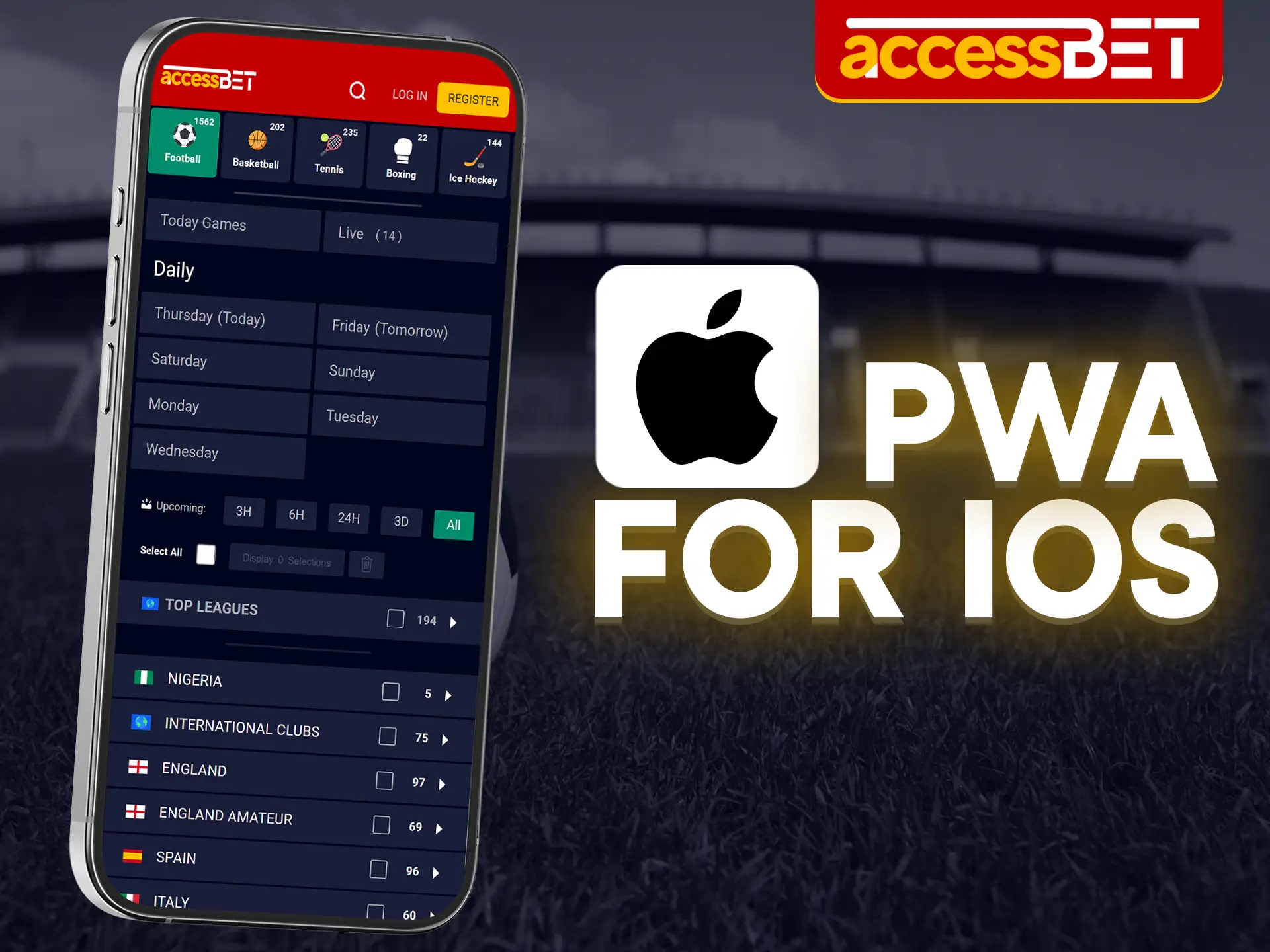 Use Accessbet's PWA app for your iOS device.
