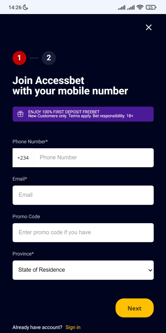Register with Accessbet using the mobile app.