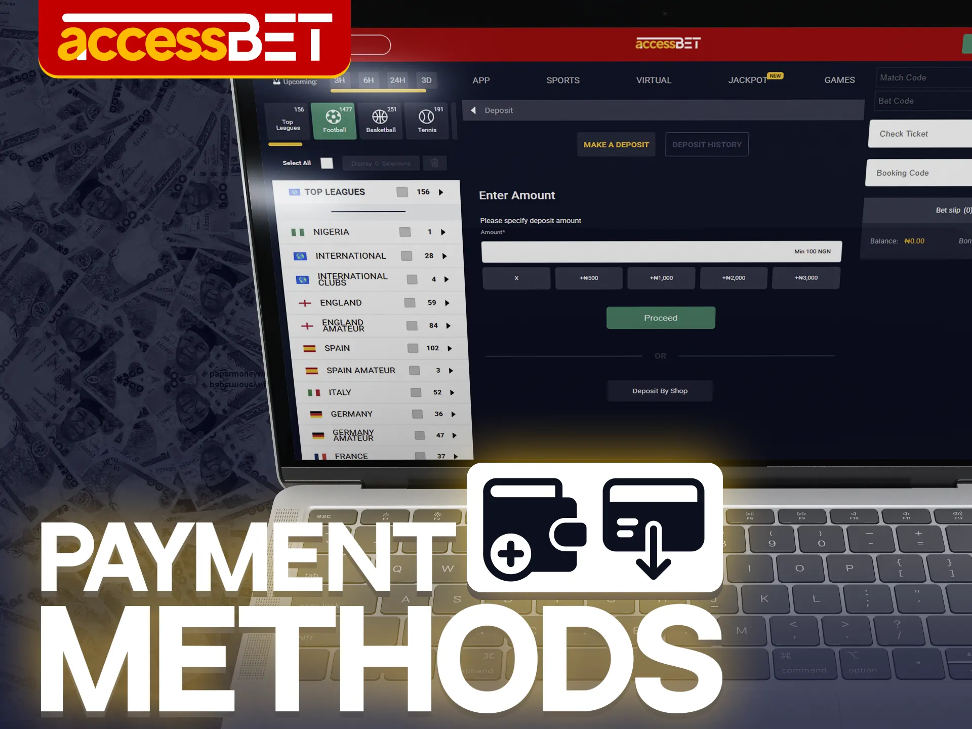 Payment methods for Accessbet's Goal Football League.