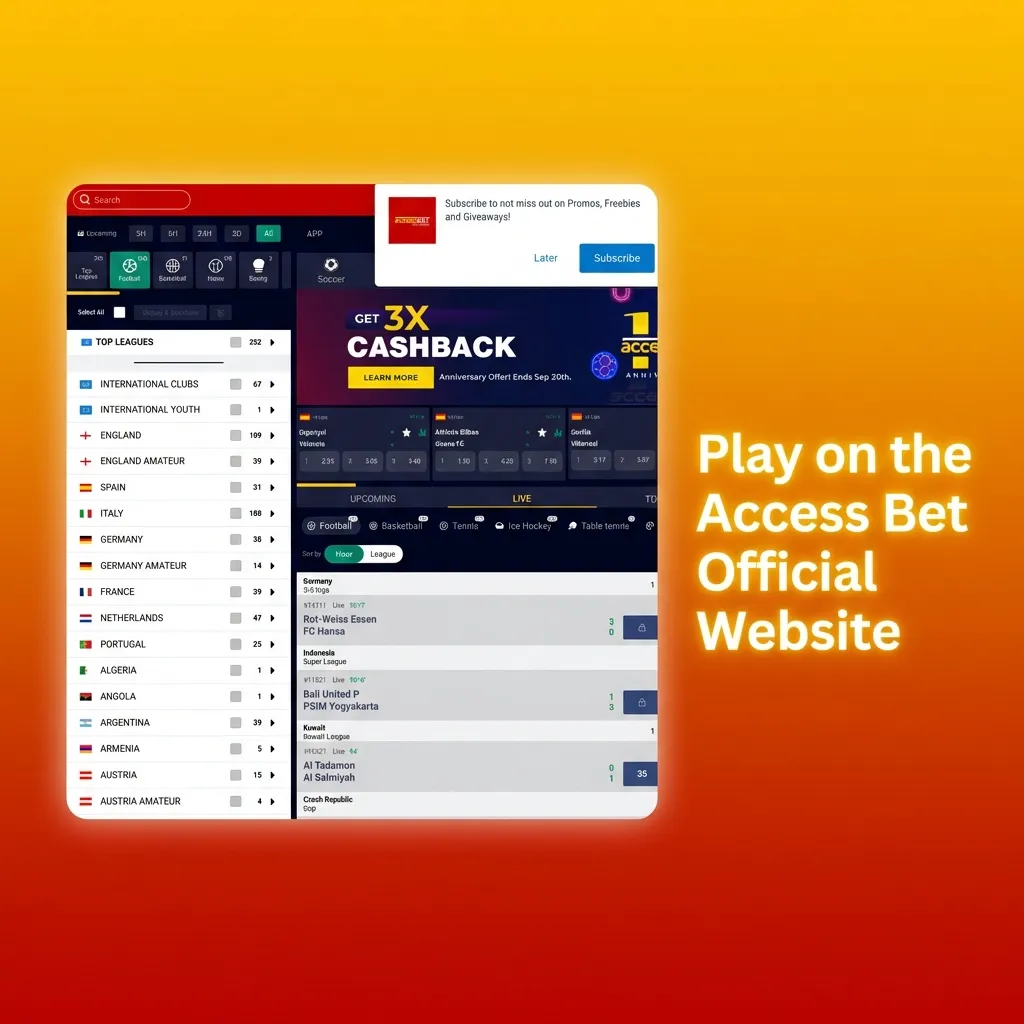 Access Bet official website interface showing betting and casino games available through web browser